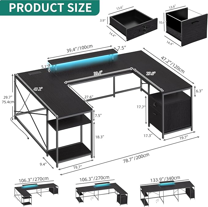 YITAHOME U Shaped Desk with Power Outlets &amp LED Lights 79 Reversible L Shaped Desk with Drawers Corner Computer Desk Office Desk with Monitor Stand &amp Storage Shelves Black