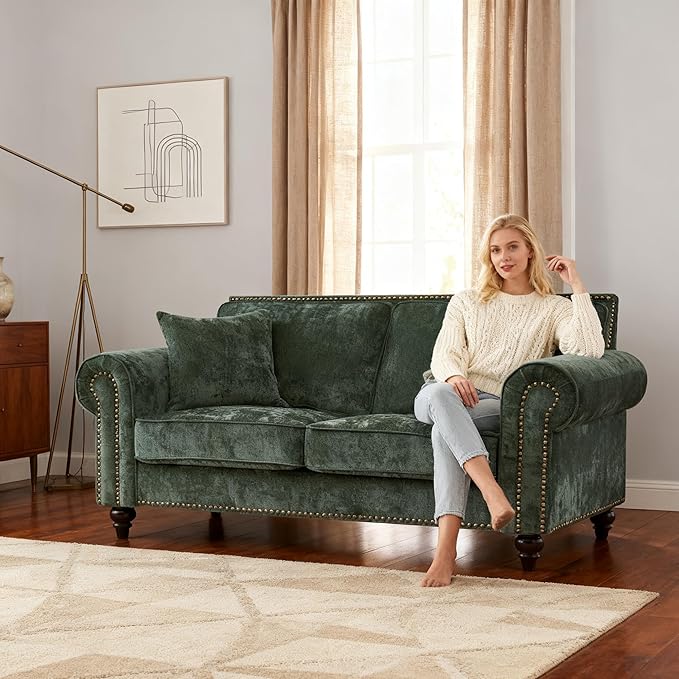 Loveseat Velvet Fabric Two- Seater Couch Buckle Design and Rivet Decoration Deep Seated Double Sofa Suitable for Living Room Bedroom Apartment Hotel etc (green-01)