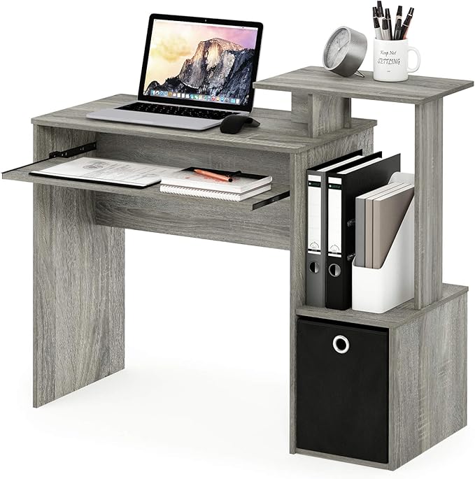 Furinno ECON Desk 40 Wide Gaming Desk with Keyboard Tray Computer Desk Office Desk with Side Shelves and Storage Bin for Home Office Grey Oak