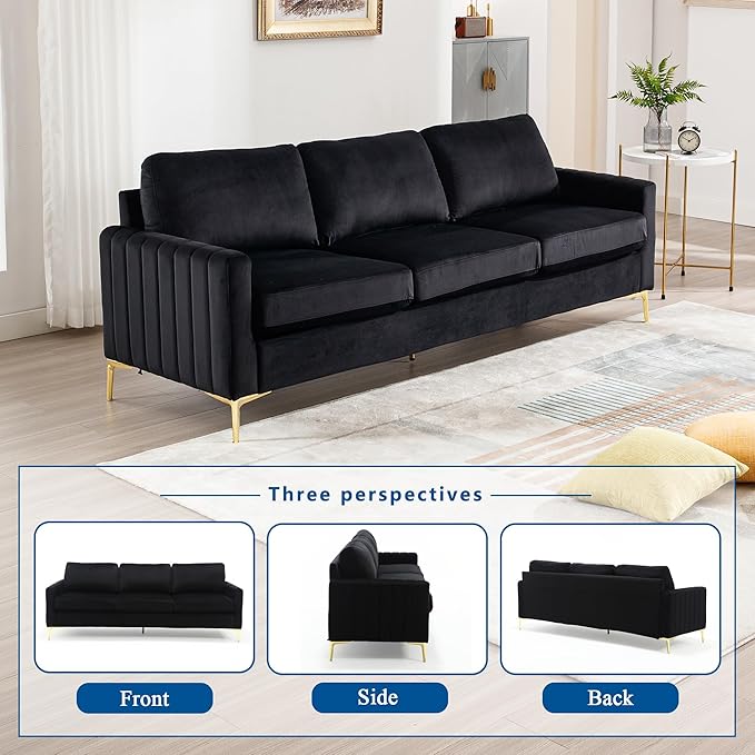 2 Piece Sofa and Loveseat Set Comfy Tufted Velvet Couch and Loveseat Sets Furniture with Gold Leg Mid Century Modern Couch Soft Upholstered Sofa Set of 2 for Living Room Bedroom Office (Black)