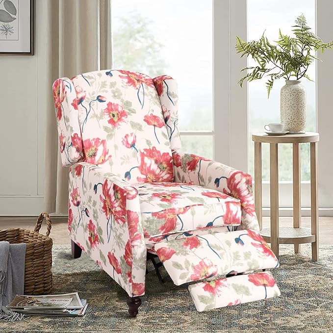 Upholstered Wingback Recliner Chair Traditional Push Back Recliner Chair with Padded Seat Fabric Floral Chair Wingback Recliner with Wooden Legs Small Recliners for Small Spaces
