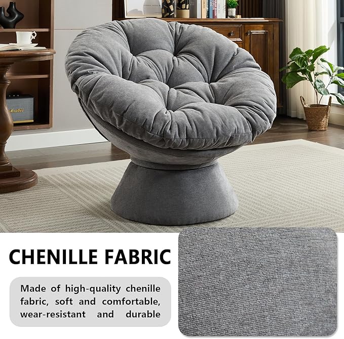 Modern Oversized Chenille Papasan Chair 360° Swivel Chair with Thick Cushion Comfortable Lounge Accent Chair for Living Room Bedroom Reading Nook (Dark Grey)