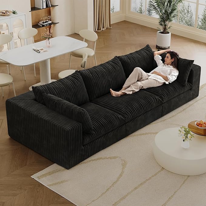 Oversized 118 W Corduroy Boneless Couches for Living Room No Assembly Required 3-Seaters Modular Sectional Sofa with Removal Cushion Comfy Plush Upholstered Couch for Apartment/Office (Black) | Co