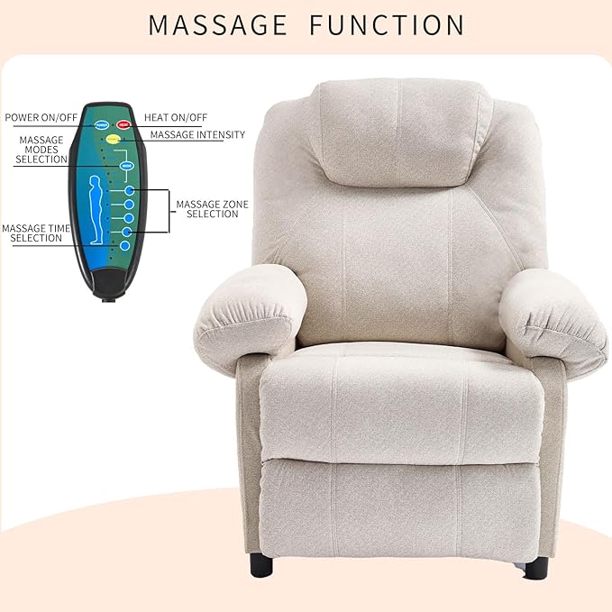 KCREAM Recliner Chair with Massage and Heat Mid Century Overstuffed Manual Reclining Chair Heated Massaging Recliner Chair for Small Places White