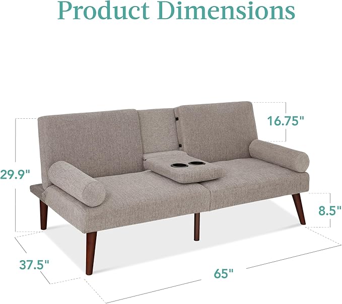 Best Choice Products Mid-Century Modern Upholstered Futon Convertible Folding Sofa Bed Small Couch w/Rounded Armrests 2 Cupholders - Gray