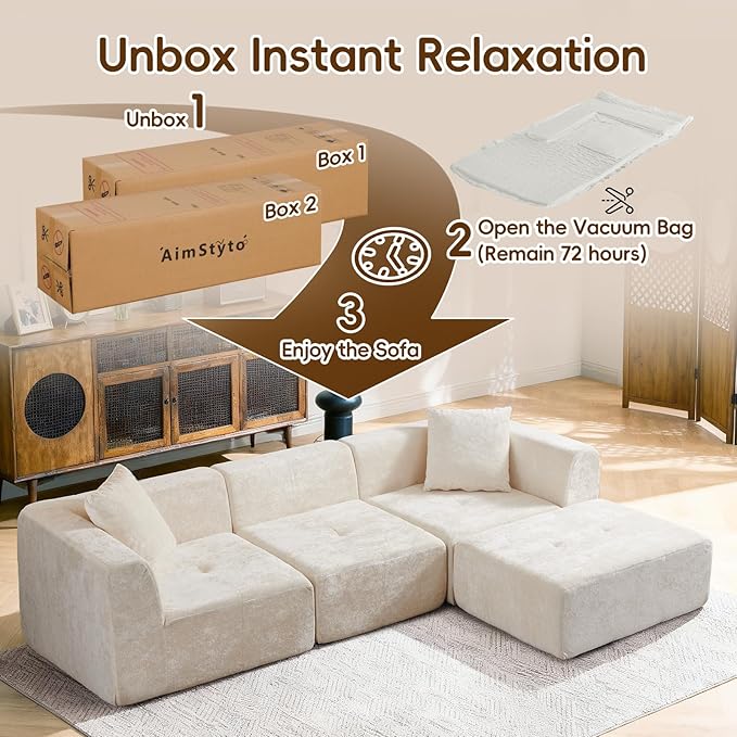 108 Cloud Modular Sectional Sofa Plush L Shaped Couch with Reversible Ottoman No Assembly 3 Seater Velvet Sofa with Chaise Oversized Boneless Couch for Modern Living Room &amp Bedroom (Beige)