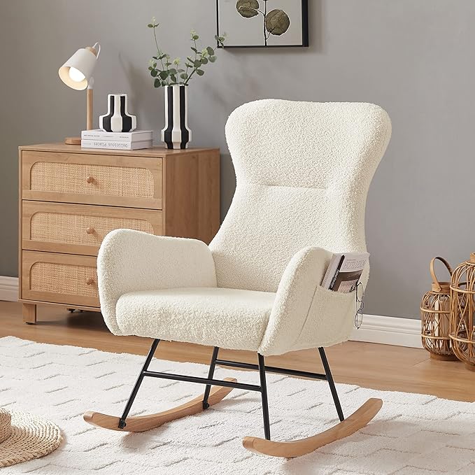 Modern Teddy Fabric Accent Rocking Chair Nursery Upholstered Rocker Glider Chair with High Backrest and Side Pockets for Living Room .(Cream White Teddy Fabric)