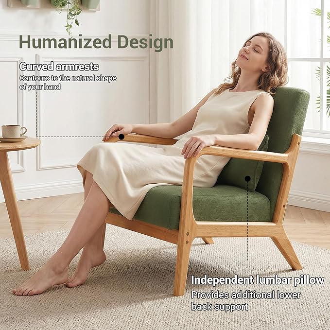 Mid Century Accent Chair Comfy Arm Chair with Solid Wood Frame Upholstered Modern Chair for Living Room Bedroom Waiting Room Green
