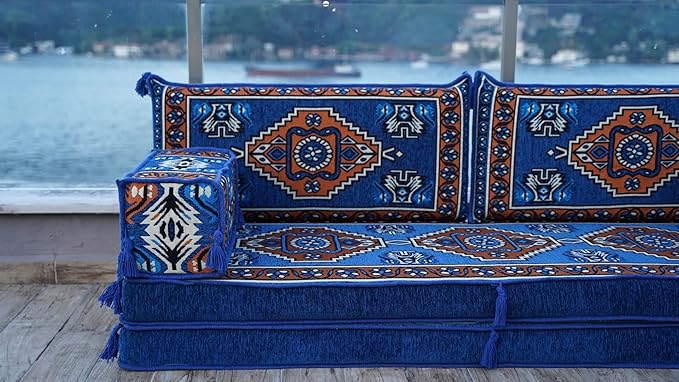 arabicsofa 8 Inch Thick Royal Blue Arabic Floor Cushion – Handmade Modular Majlis Seating with Backrest Pillows