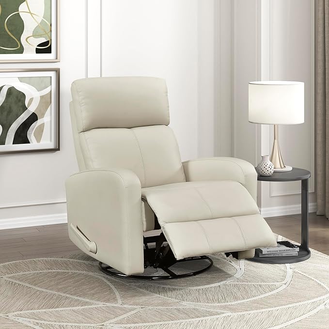 Lexicon Swivel Glider Reclining Chair Top Grain Leather Match Manual Pull Handle Recliner Comfy Nursery Glider Recliner Swivel Reclining Chair for Living Room/Office/Bedroom/Apartment Beige