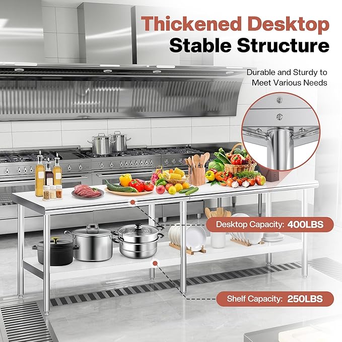 Jocisland 30 x 108 Stainless Steel Table for Prep &amp Work NSF Certified Adjustable Under Shelf and Feet for Commercial Kitchen Restaurant Hotel Garage