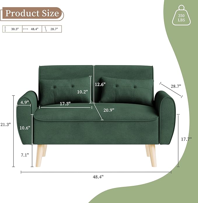 Vongrasig 47 Small Modern Loveseat Sofa Mid Century Linen Fabric 2-Seat Sofa Couch Tufted Love Seat with Back Cushions and Tapered Legs for Living Room Bedroom and Small Space (Green)