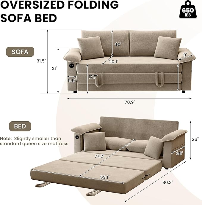 SUNWAVE Oversized Loveseat Sleeper Sofa 77 Convertible Sofa Bed 2-Seat Pull Out Couch w/USB Chenille Queen Folding Sofa Bed for Living Room Small Spaces Bedroom (Chestnut)