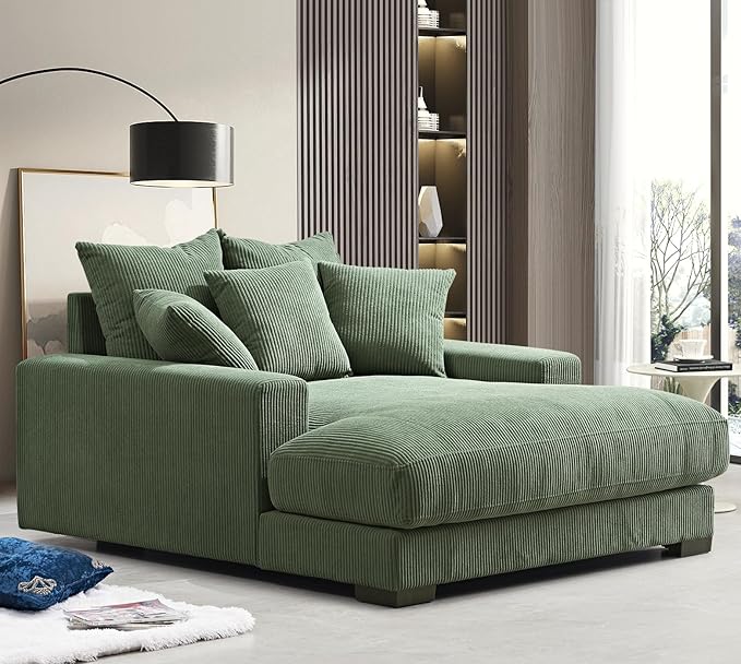 Luxe Upholstered Chaise Lounge Sofa in Soft Corduroy Fabric with Removable Cushions Oversized Chair for Relaxing in Living Room or Bedroom 55.1 Wide Green