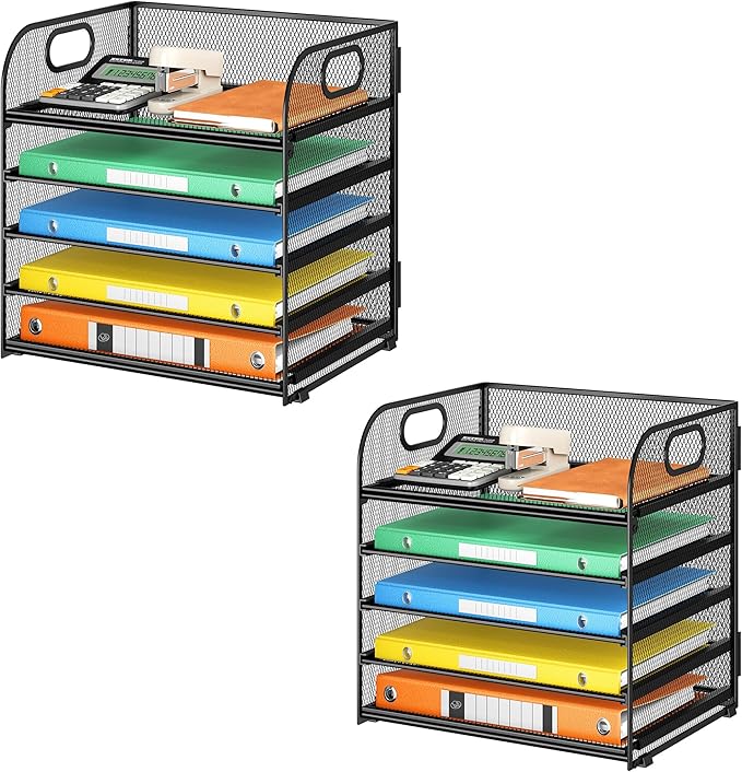 2 Pack 5-Tier Paper Organizer Letter Tray with Handle - Black Mesh Desk Paper Sorter File Organizer for Office Home or School File Folder Holder