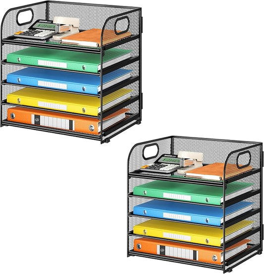 2 Pack 5-Tier Paper Organizer Letter Tray with Handle - Black Mesh Desk Paper Sorter File Organizer for Office Home or School File Folder Holder