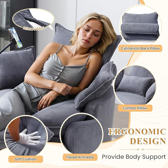 Swivel Barrel Accent Sofa Chair with Phone Holder &amp Storage Ottoman 360 Degree Modern Comfy Corduroy Oversized Leisure Chaise Lounge Arm Chair for Nursery Living Room Hotel Bedroom Office Gr