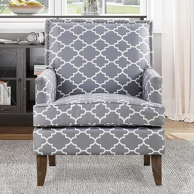 Modern Floral Accent Chair - Upholstered Wingback Club Chair for Living Room Bedroom &amp Reception | Multi-Purpose Fabric Furniture with Sturdy Frame | Comfortable Home Decor Seating (Grey)
