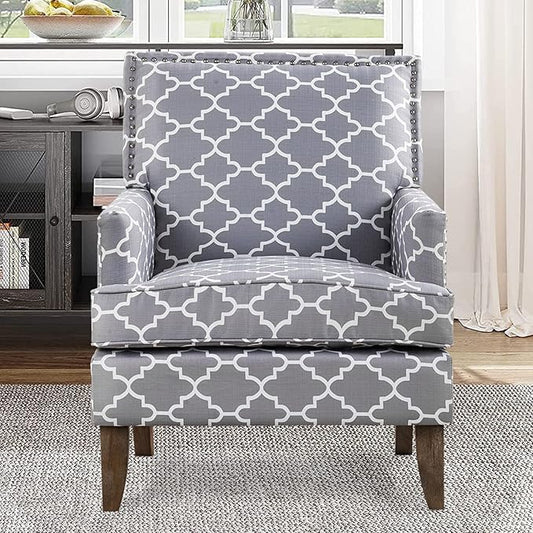 Modern Floral Accent Chair - Upholstered Wingback Club Chair for Living Room Bedroom &amp Reception | Multi-Purpose Fabric Furniture with Sturdy Frame | Comfortable Home Decor Seating (Grey)