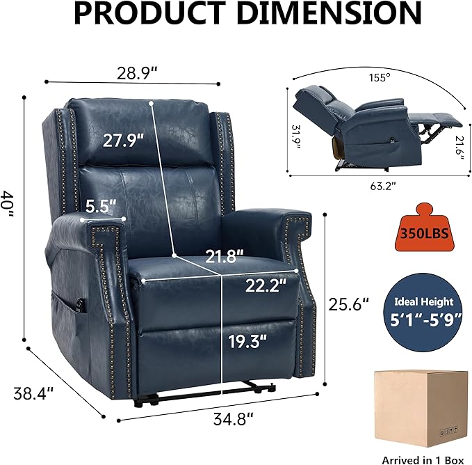 Manual Recliner Chair Faux Leather Push Back Recliners with Vibration Massage Lumbar Heat Living Room Single Sofa Reclining Rivet Design Chair Blue