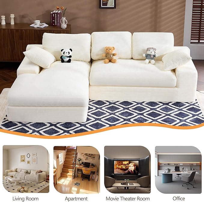 98.4 Cloud Modular Sectional Couch with ChaiseL-Shaped Modern Upholstered Sofa with Deep SeatCorduroy Sectional Couches for Living Room and BedroomNo Assembly Required(Beige)