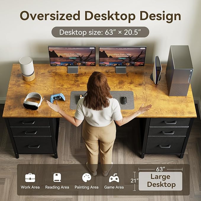 ODK 63 inch Computer Desk with File Drawers Cabinet Modern Office Desk with Large Storage for Home Office Study Gaming Vintage