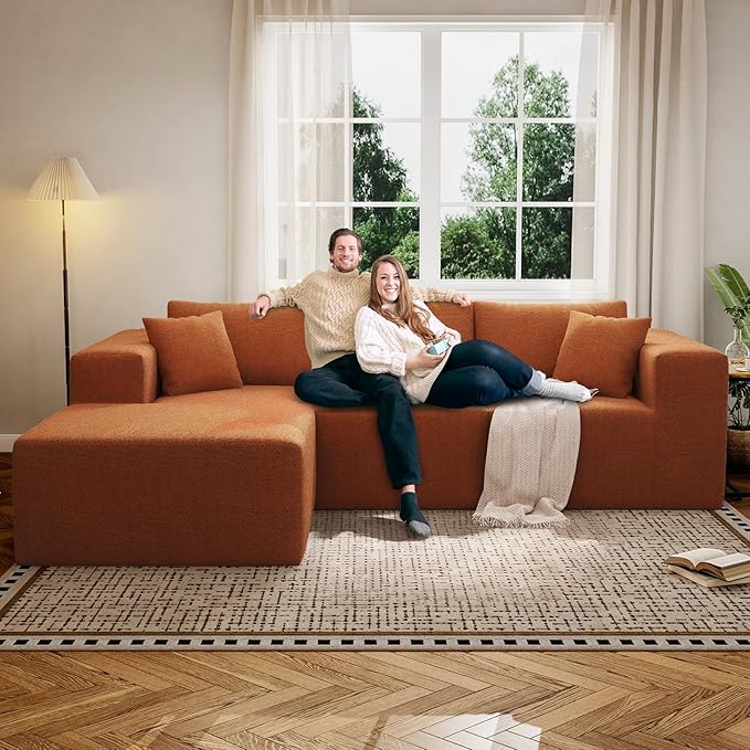 108 Sectional Couches 4 Seat Modular Sectional Sofa with Left Chaise Lounge Boneless Cloud Couch L-Shape Upholstered Couch for Apartment Living Room No Assembly Required (Orange)