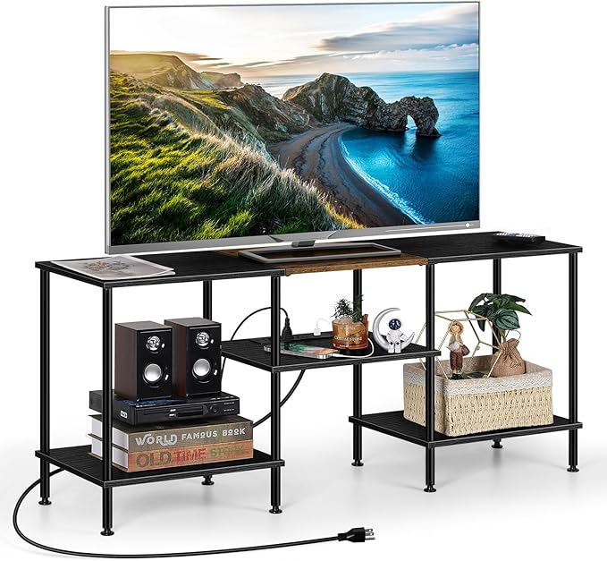 OYEAL Black Bedroom TV Stand with Power Outlets up to 50 inch TV Small Entertainment Center Stand with Storage Modern Media TV Console Table for Living Room Bedroom
