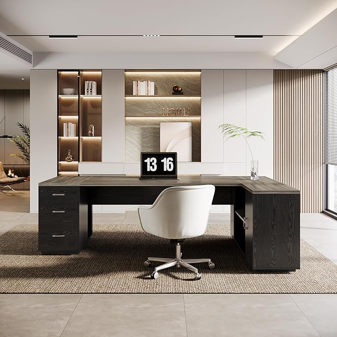 Tribesigns 85.8-Inch L-Shaped Executive Office Desk with File Drawers &amp Storage Cabinet Professional Corner Computer Desk Extra Large Business Workstation with Adjustable Shelves (Gray&ampBlack)