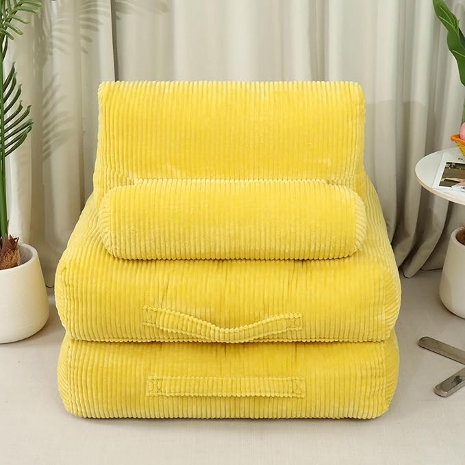 Yellow Folding Sofa Bed - Convertible Sleeper Chair with Pillow &amp Back Support Comfy Foldable Mattress Portable Futon Fold Out Chair Bed for Living Room/Bedroom/Apartment