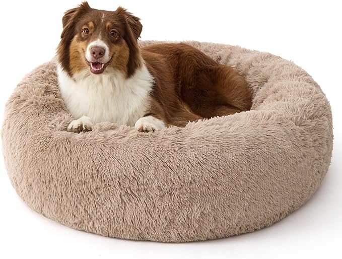 Bedsure Calming Dog Beds Large Sized Dog - 36in Donut Washable Large Pet BedAnti-Slip ＆Removable Cover420GSM Round Anti-Anxiety Fluffy Plush Faux Fur Bed Fits up to 80 lbs PetsPlus Version