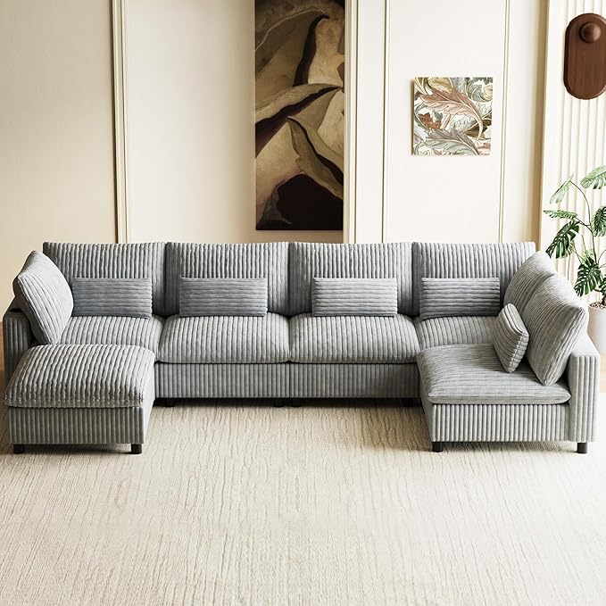 130 Oversized Cloud Couch Large Modular Sectional Sofa Modern U Shaped Sectional Couch 6 Deep Seat Sofa Set for Living Room Comfy Plush Corduroy Cloud Sofa with Ottoman USB Port Cup Holder Gray