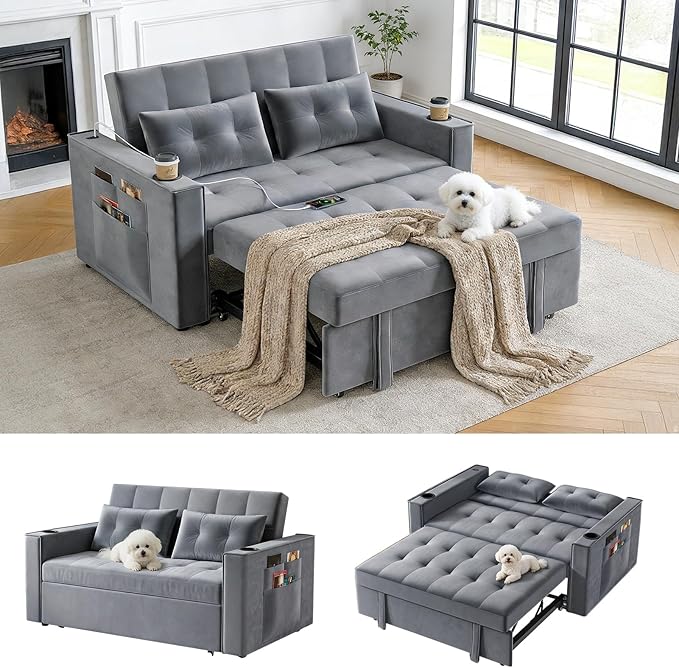 3-In-1 Convertible Sofa Bed with Adjustable Backrest Velvet Loveseat Sleeper Sofa with Put Out Bed Pull Out Couch with USB PortsCup HoldersSide Pockets2 Pillows for Living Room/Bedroom/Dorm Grey