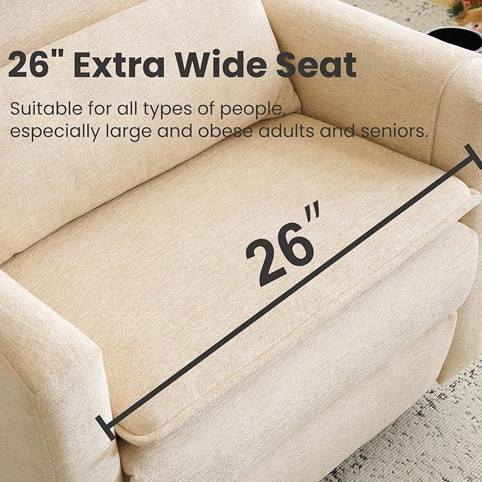 Oversized Swivel Rocker Recliner with Adjustable Headrest 26 Extra Wide Glider Recliner Nursery Chair with Double Cushion Chenille Glider Rocking Chair for Living RoomCup HolderBeige