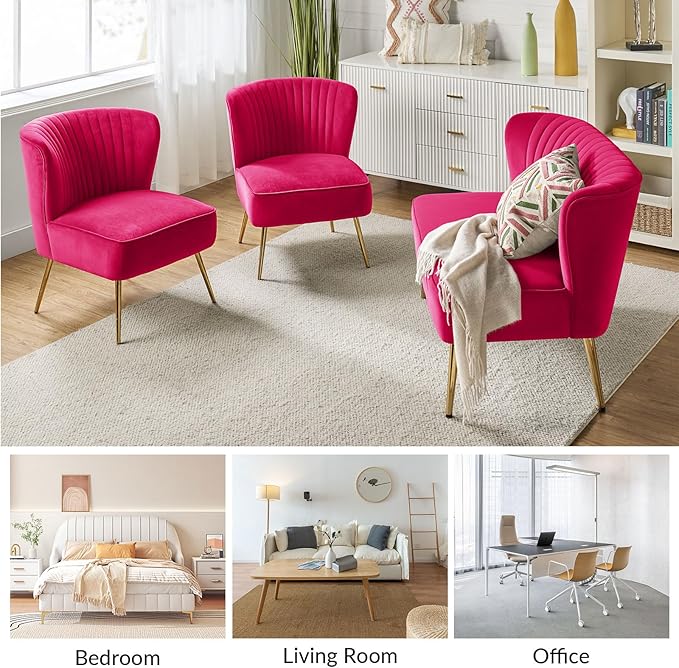 HULALA HOME 3 Piece Velvet Living Room Furniture Set Modern Comfy Upholstered Chair Set with Golden Legs include Loveseat &amp 2 Accent Chairs for Bedroom FUCHSIA Tufted 2-Seater Sofa &amp Armles