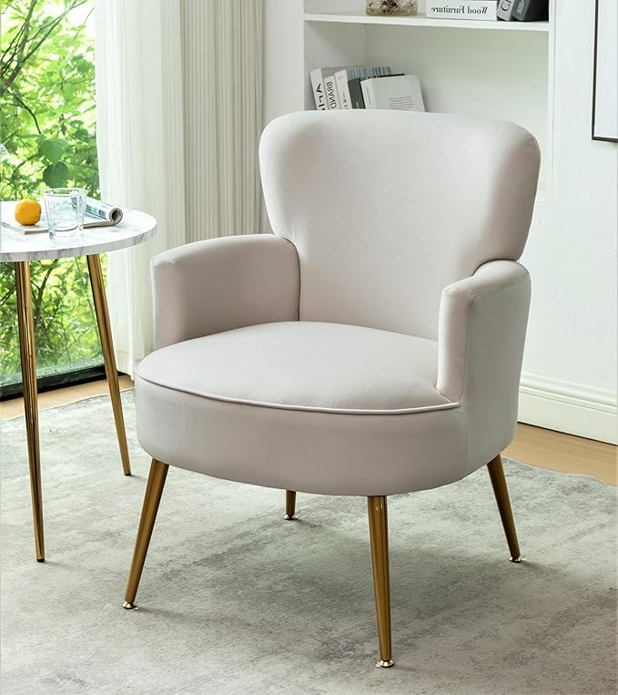 Trendy Velvet Accent Chair with Gold Metal Legs Upholstered Armchair for Small to Mid-Size Spaces Modern Living Room Bedroom Vanity Desk and Entryway Ivory