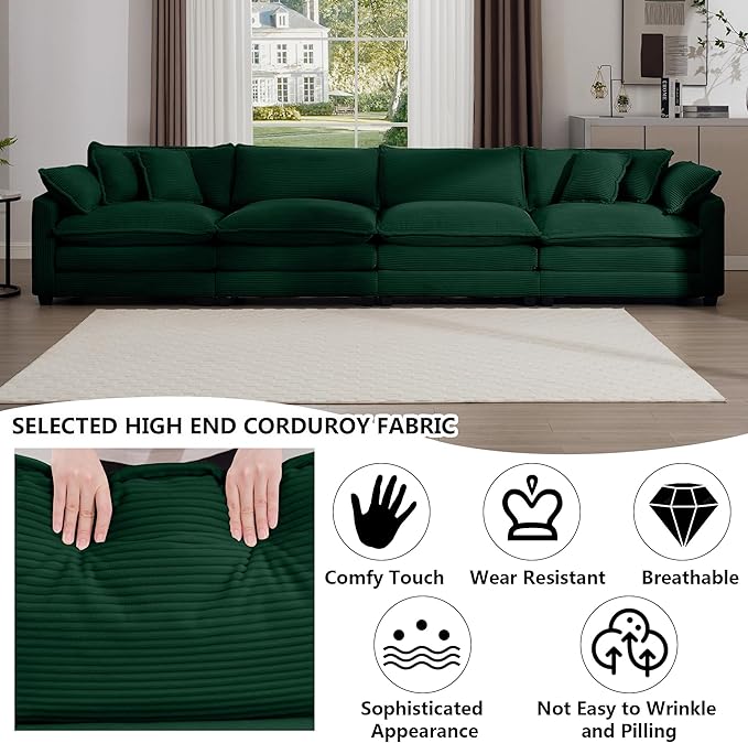 Aoowow Corduroy 4 Seater Sofa CouchModern Large Cloud Couches for Living RoomTufted Modular Sectional Cloud Sofas with Deep SeatOversized 4 Seat Sofa Set (Green 4 Seater)