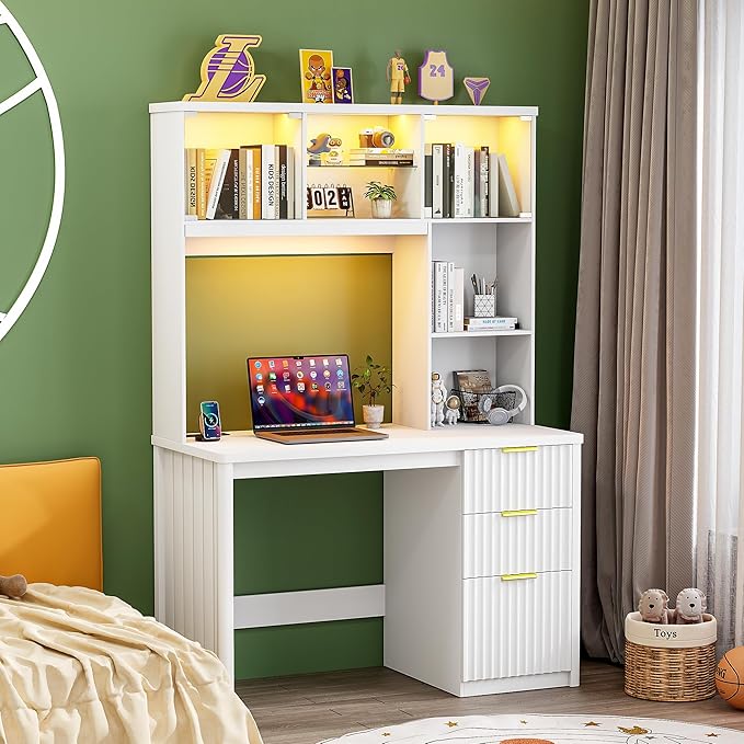 Standing Desk with LED Light for Office Room Smart Computer Desk with Hutch and Drawer for Game RoomModern Study Table with 2AC Port Charging Station/Lamp/for Bedroom (White)