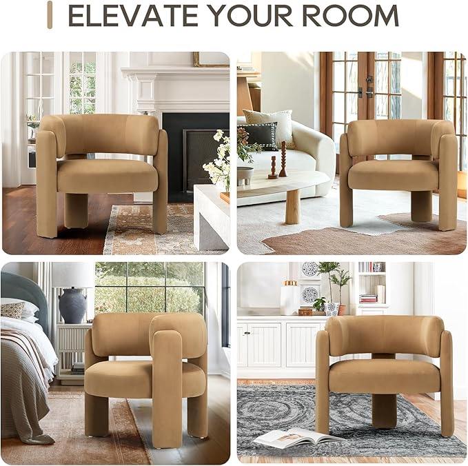 COLAMY Modern Velvet Accent Chairs Set of 2 Upholstered Barrel Chairs Comfy Side Arm Chairs with 3 Legs for Living Room Bedroom Reading Khaki