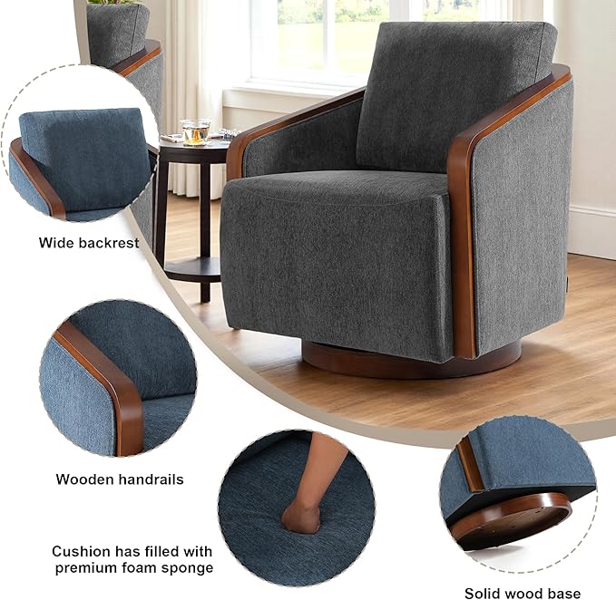 360° Swivel Barrel Chair Upholstered Swivel Round Barrel Chair Comfy Chenille Fabric Single Club Armchair Accent Chair for Living Room Reading Room Bedroom Dark Gray