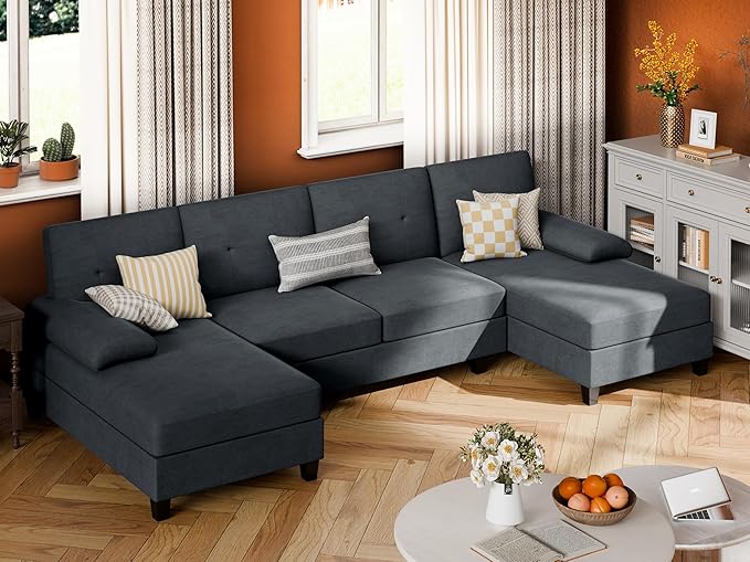 JY QAQA Sectional Couche with Soft Cushion U-Shaped Sofa with Double Chaise 4-Seat Linen Fabric Sofa Sets for Living Room Apartment Black
