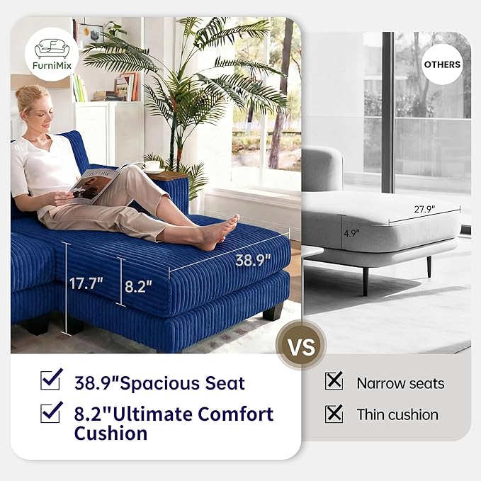 114 Cloud Sectional Couch with L-Shape Reversible Chaise Modern Corduroy L Shaped Couch with 2 Pillows &amp Storage Armrests 4 Seater Sectional Couches for Living Room Plush Corduroy Blue