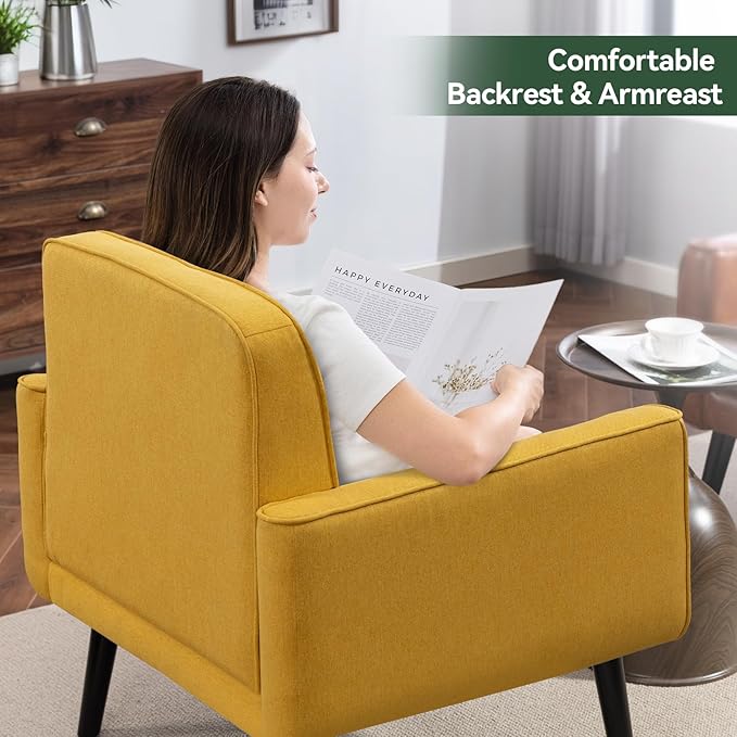 Accent Chair Set of 2 Fabric Modern Chair with Wooden Frame Cozy Armchair Reading Chair with Comfy Back for Apartment Living Room Bedroom Waiting Room Small Space Corner Yellow