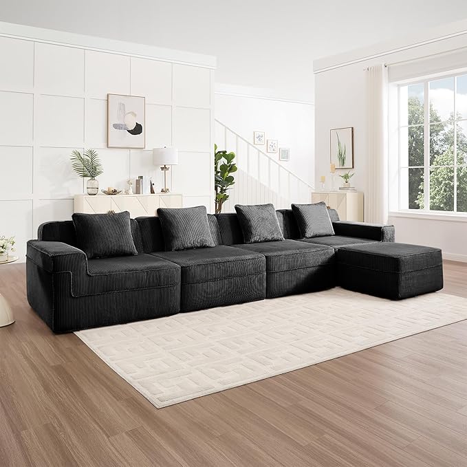 153.5 Boneless Sofa with Ottoman L-Shape Corduroy Fabric Sectional Couch Couch in a Box for Living RoomNo Assembly Required