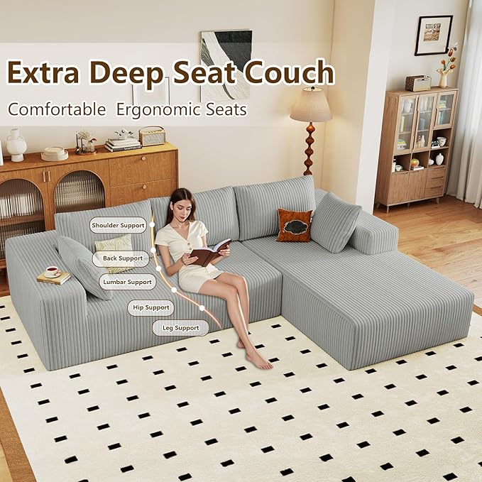 96 Modular Sectional Couch Boneless L Shaped Cloud Sofa with Chaise Lounge Corduroy Upholstered Couches Memory Foam Deep Seat No Assembly Required Ideal for Living Room(Light Gray Right Facing)
