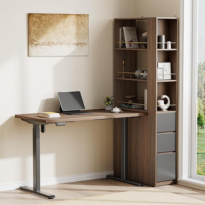 Electric Standing Desk with 3-Drawer Bookcase Adjustable Height Executive Desk Home Office Workstation with A Engineered Wood 1.18 Solid Desktop 71'' Corner Bookshelf Black Walnut