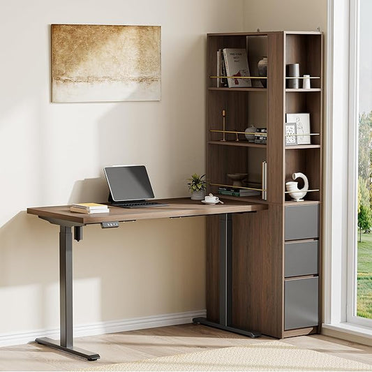 Electric Standing Desk with 3-Drawer Bookcase Adjustable Height Executive Desk Home Office Workstation with A Engineered Wood 1.18 Solid Desktop 71'' Corner Bookshelf Black Walnut