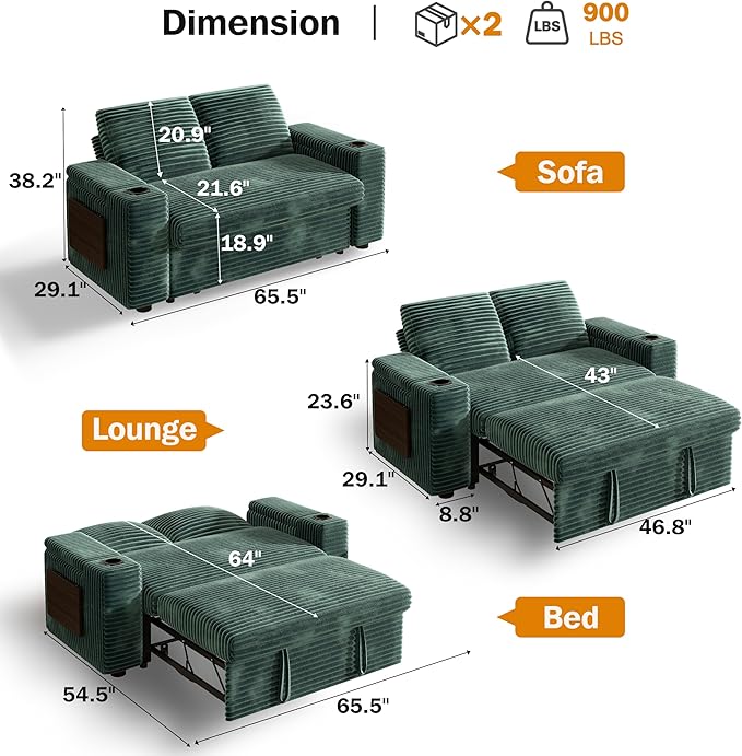Vipbear 65 Loveseat Sleeper Sofa with Pull Out Bed Plush Corduroy 3-in-1 Convertible Sofa Bed with Reclining Backrest|USB Ports|Cup Holders|Side Table|Storage Armrests Tool Free Assembly Green