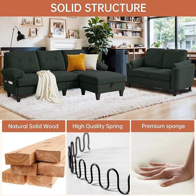 5 Seat Sectional Sofa Set for Living Room Set 2 PCS Modern Couch Set 84 Width 3 Seat Couch &amp Loveseat with Ottoman and Thick Cushion(3+2 Seat/Black)