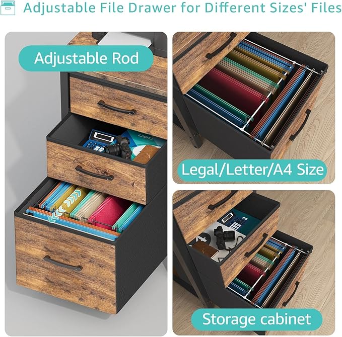 Lufeiya Computer Desk with File Drawers Cabinet 47 Inch Reversible Home Office Desks with Fabric Filing Cabinet for Small Space Study Writing Table PC Desks Rustic Brown